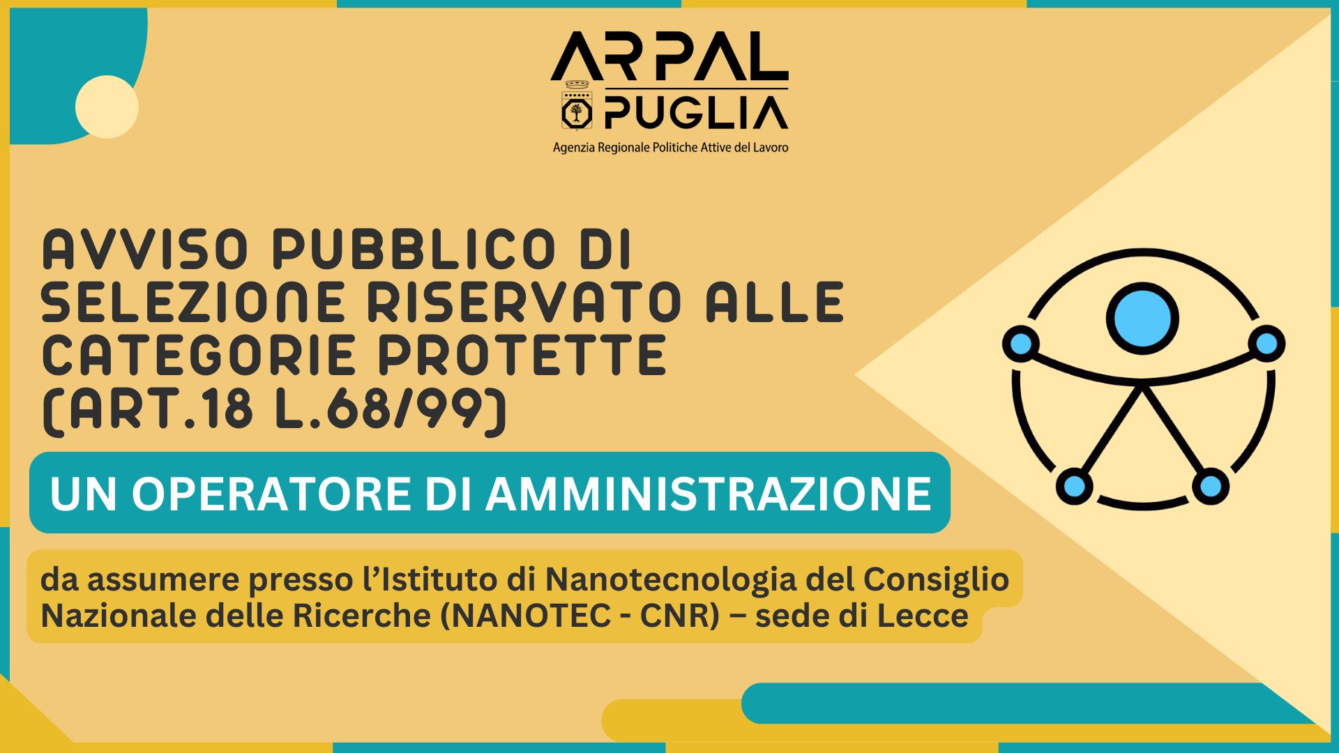 Avviso di selezione riservato alle categorie protette (L. 68/99) per un Operatore di amministrazione (VIII livello) da assumere presso NANOTEC - CNR Sede di Lecce